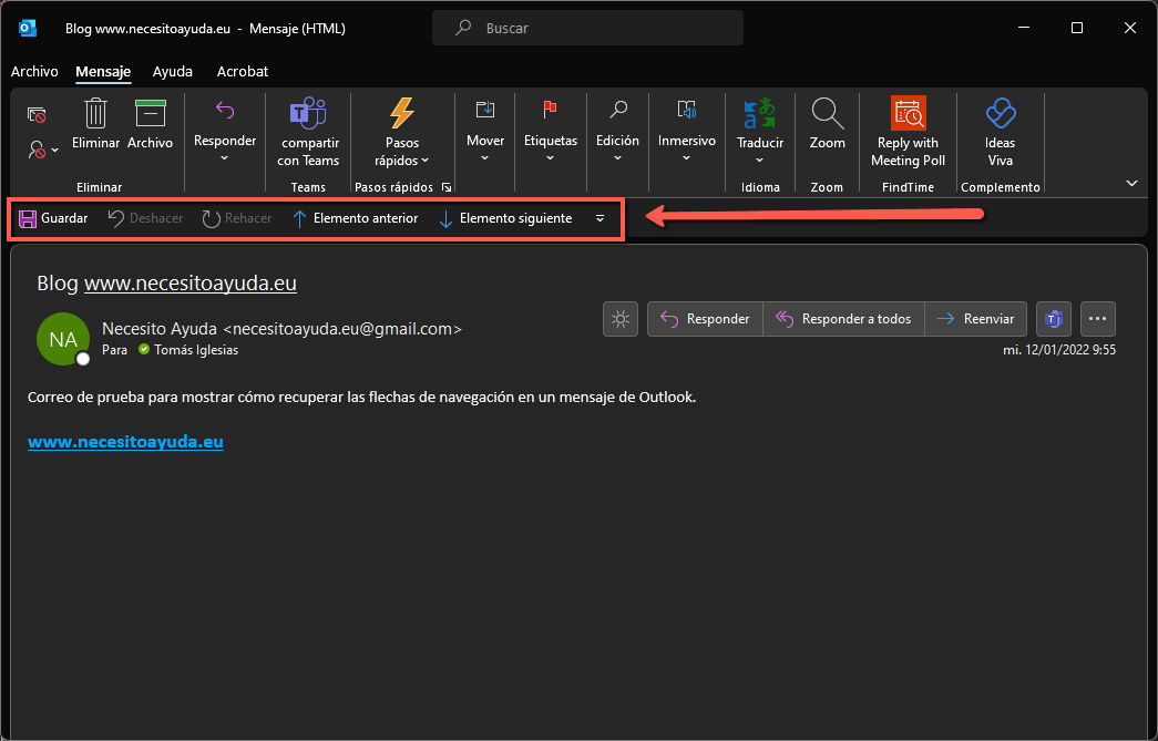 Dónde están las flechas de navegación de los emails de Outlook