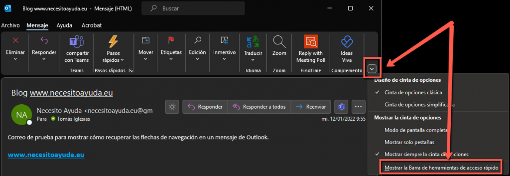 Menú Cinta de Opciones de Outlook