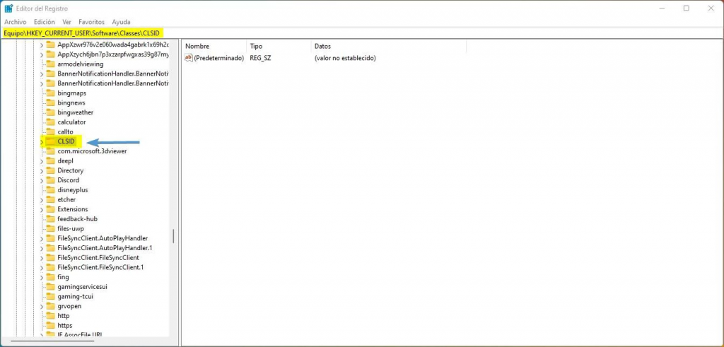 editor del registro, ruta CLSID